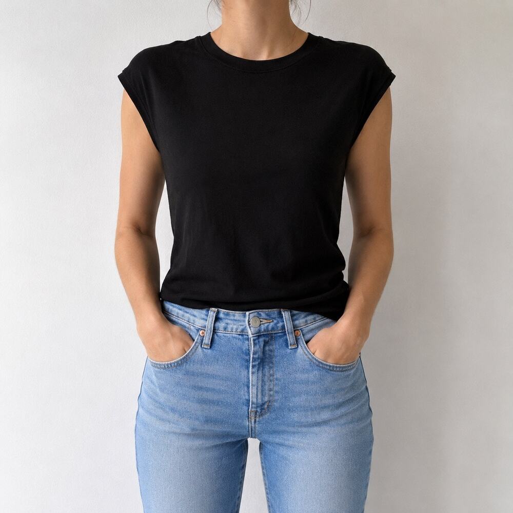 Zara Black Cap Sleeve Muscle Tee Top Sz M